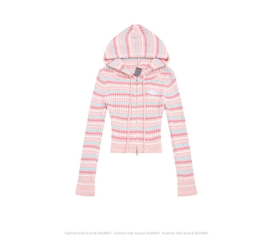 Knit Striped Long Sleeve Zip Hooded Top