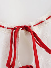 White Red Ribbon Short Sleeve Midi Dress