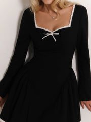 Black Square Collar Bowknot A-line Mini Dress