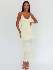 Spaghetti Strap 3D Rose V Neck Ruffle Maxi Dress