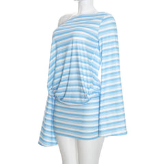 Off Shoulder Long Sleeve Striped Print Backless Hollow Out Mini Dress