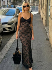 Black Lace Open Back Cami Maxi Dress