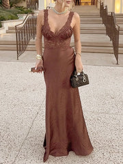 Brown Lace Patchwork Satin Strap Maxi Dress