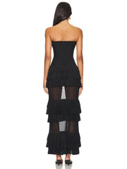 Women's black strapless maxi dress, ruffles and patchwork