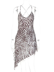 Zebra Print  Cowl Spaghetti Strap Irregular Hem Mini Dress