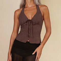 Brown Pinstripe Button-Front V-Neck Vest Top