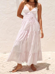 Stripe Patchwork Spaghetti Strap Flowy Beach Maxi Dress