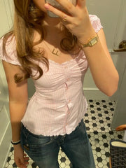Ruffle Hem Short Sleeve Button Up Top