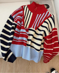 Striped Knit High Collar Half Zipper Pullover Sweatshirt