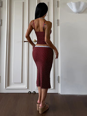 Brown Polka Dot Lace Trim Cami Top And Midi Skirt Set