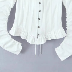 White Puff Square-neck Long-sleeve Lace Up Top