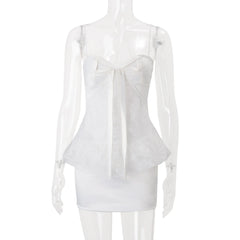 White Bow Sweetheart Spaghetti Strap Lace Overlay Sheer Mini Dress