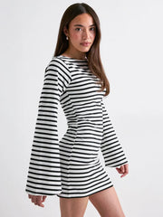 Striped O-Neck Bell Sleeve Mini Dress