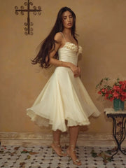 Yellow Pleated Mesh Frill Midi Dress