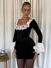 Black Long Sleeve Lace Flare Mini Dress