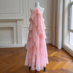 Pink Layered Ruffled 3d Rose Maxi Dress
