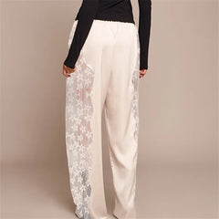 Satin Wide Leg Lace Patchwork Drawstring Pants