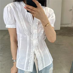 White Ruffle Puff Short Sleeve Button Down Top