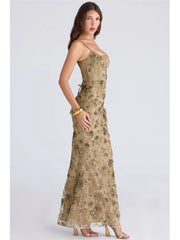 Sequin Embroidered Strap Lace Back Maxi Dress