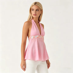 Pink Halter Neck Sequins Tassel Sheer Tank Top