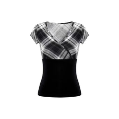 Plaid Contrast Short Sleeve Black Top