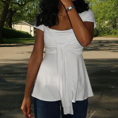 Bandage Square Neck Tie Front Short Sleeve Peplum Blouse