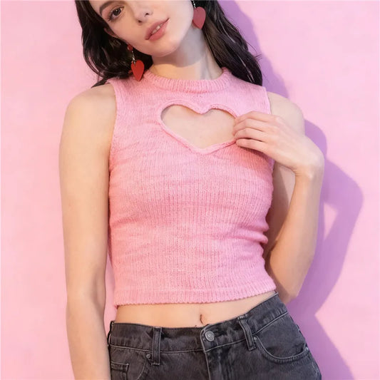 Knitted Heart Print Hollow-Out Tank Top