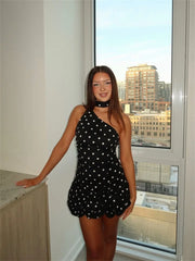 Black Polka Dot Wrap Around Puff Hem Mini Dress