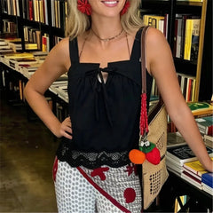 Black Square Neck Lace Trim Top with Bow Tie