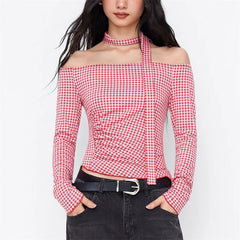 Red Off Shoulder Plaid Top With Ribbon Scarf