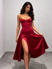 Red Tie-Up Back Corset Slit Midi Dress