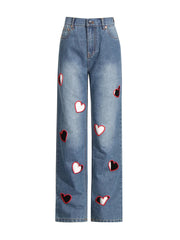 High Waist Straight Wide Leg Embroidery Heart Hollow Out Denim Pants