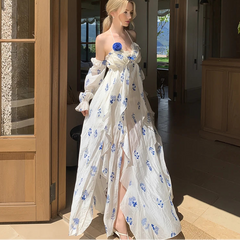 White Floral Print Flower Brooch Flowy Halter Maxi Dress