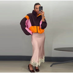 Color Block Collared Zip Up Jacket
