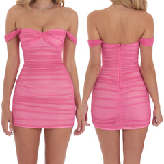 Mesh Off Shoulder Slash Neck Bodycon Mini Dress