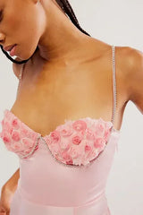 Pink Satin Floral Bustier Strap Mini Dress