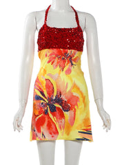 Yellow Floral Print Red Sequin Patchwork Mini Dress