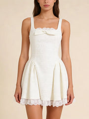 White Tweed Sparkle Bow Flare Mini Dress