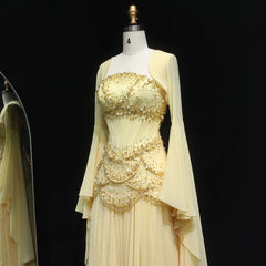 Cape Sleeve Chiffon Tiered Petals Sequined Pearl Embellished Gown