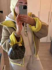 Reversible Two-Tone Fuzzy Stand Collar Zipper Jacket