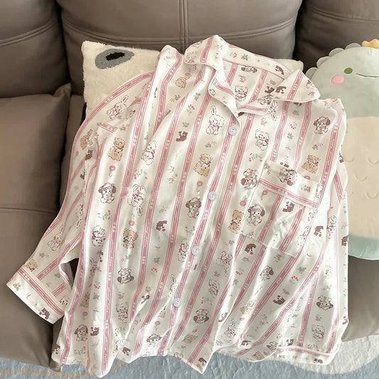 Pink Cartoon Cat Striped Long Sleeve Shirts And Pants Pajama Set