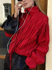 Red Ruched Stand Collar Jacket