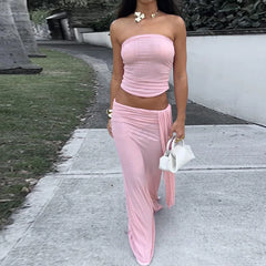 Pink Strapless Top Bandage Maxi Skirt Set