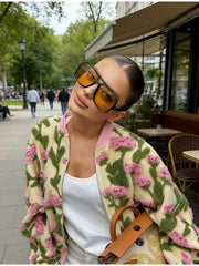 Embroidered Knit 3D Floral Print Zip Up Jacket