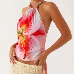 Women's floral printed halter backless tie up crop top.

