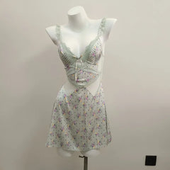 Green Stripe Floral print Lace Nightdress