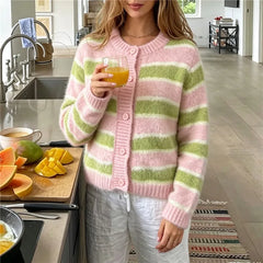 Fuzzy Mohair Striped Round Neck Button Crop Cardigan