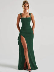 Square Neck Strap Thigh High Split Draped Long Dress
