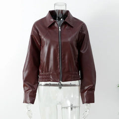 Burgundy Pu Leather Zipper Biker Jacket Free From Label