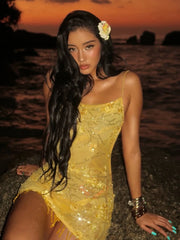 Yellow Sequin Beaded Tassel Open Back Strappy Mini Dress